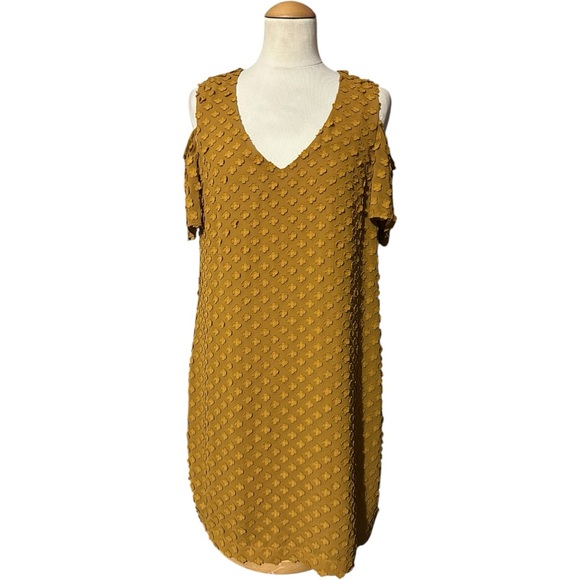 BCBGMaxAzria Swiss Dot Cold Shoulder Swing Dress Mustard Small - Picture 1 of 3